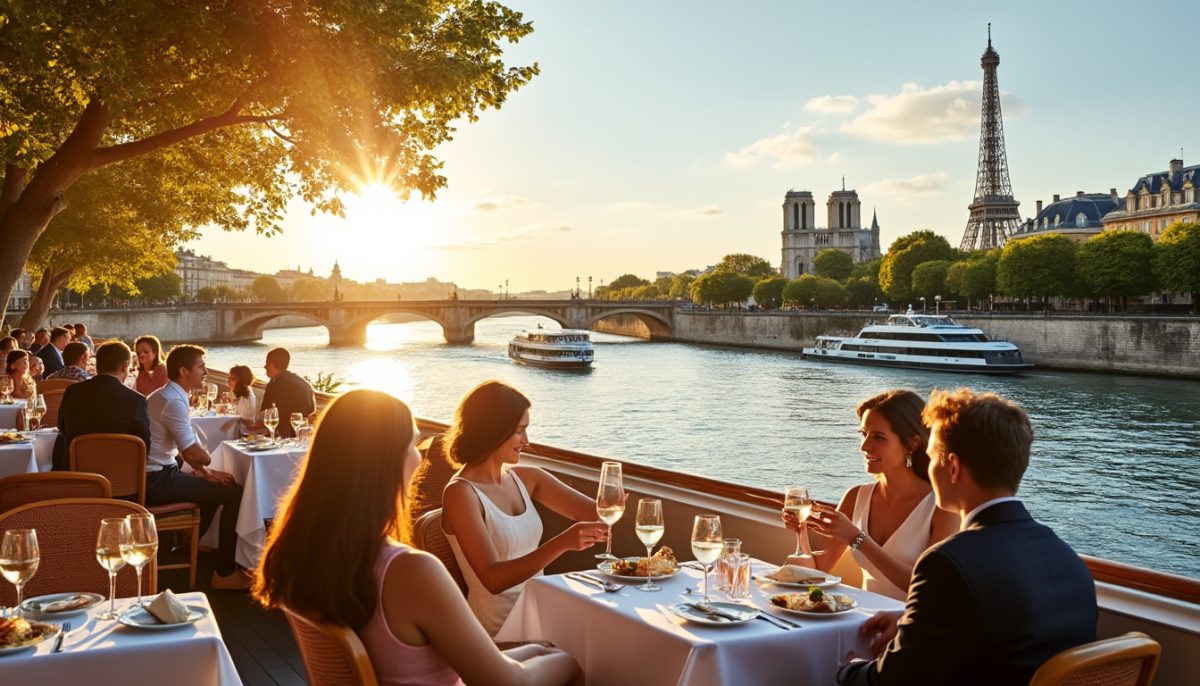 enjoy a delightful afternoon lunch cruise along the seine in paris, savoring exquisite cuisine while taking in iconic landmarks and the enchanting cityscape.